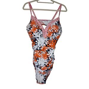 Sea & Sand Tummy Control One Piece Swimsuit Orange Navy White Floral Size 16 NWT